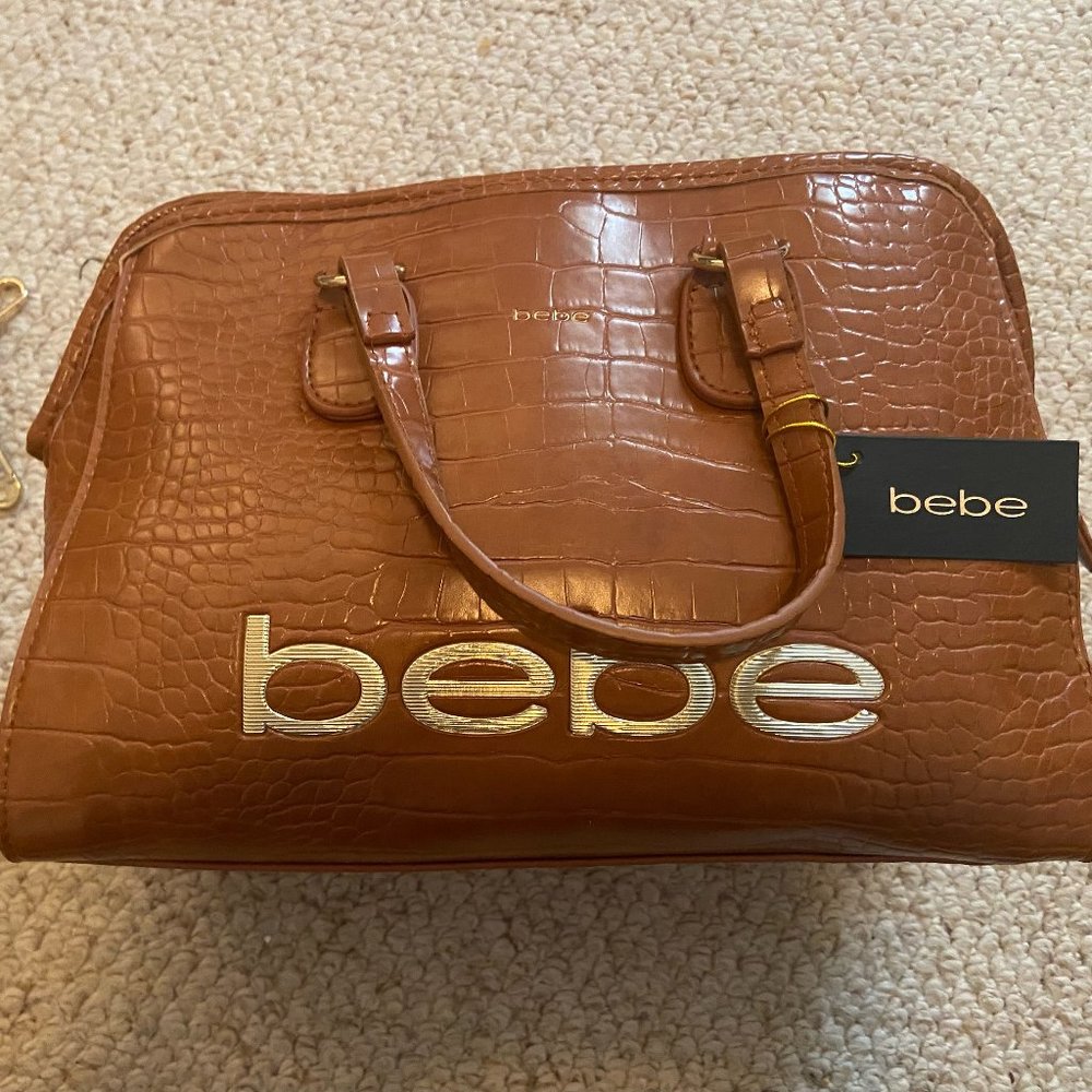 NEW Bebe Fabiola Croco satchel camel/Gold Logo Bag Purse NWT